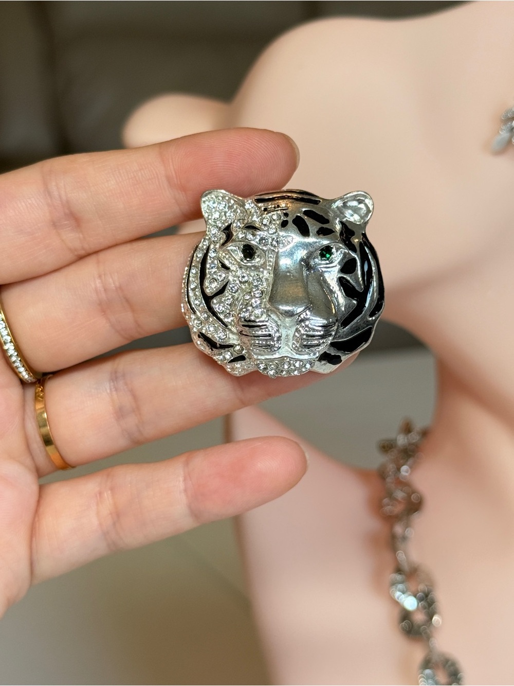 Silver and Black Tiger Brooch with Crystals